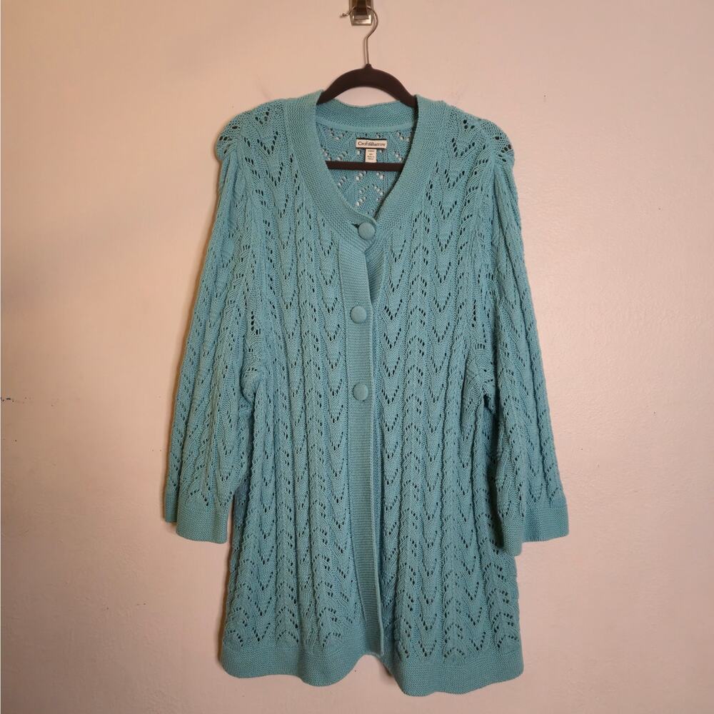 Fairy Preppy Feminine Pointelle Cable Knit Big Button Cardigan Blue 3X Breezy